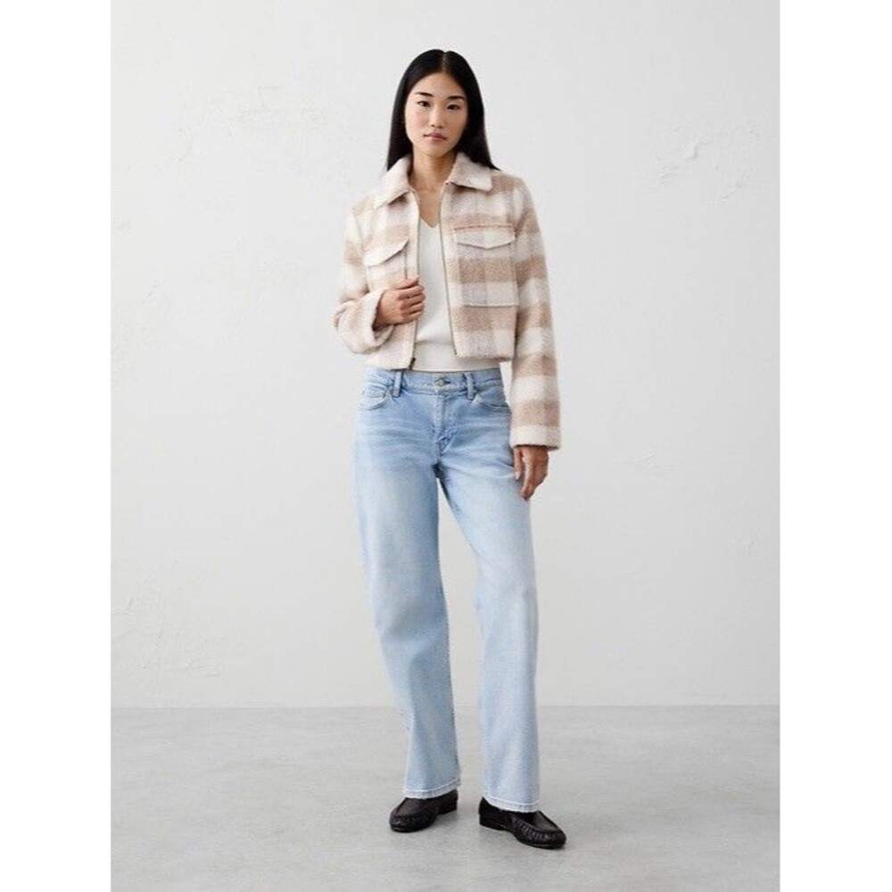 Banana Republic Neutral Plaid Boucle Cropped Zip Jacket Women PL Wool Blend